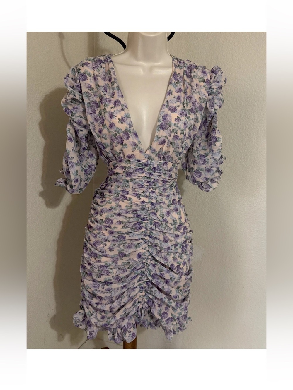 Floral Ruched Puff Sleeve Mini Dress Cottagecore Outfit  Size Medium